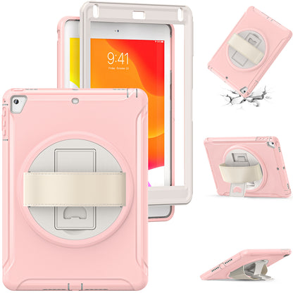 For iPad 9.7-inch (2017)/(2018)/iPad Pro 9.7-inch (2016)/iPad Air (2013)/Air 2 PC + Silicone Case  Rotary Kickstand Tablet Protective Cover with Hand Strap