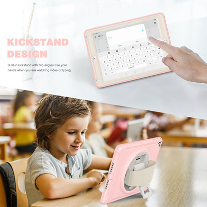 For iPad 9.7-inch (2017)/(2018)/iPad Pro 9.7-inch (2016)/iPad Air (2013)/Air 2 PC + Silicone Case  Rotary Kickstand Tablet Protective Cover with Hand Strap
