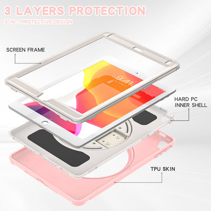 For iPad 9.7-inch (2017)/(2018)/iPad Pro 9.7-inch (2016)/iPad Air (2013)/Air 2 PC + Silicone Case  Rotary Kickstand Tablet Protective Cover with Hand Strap
