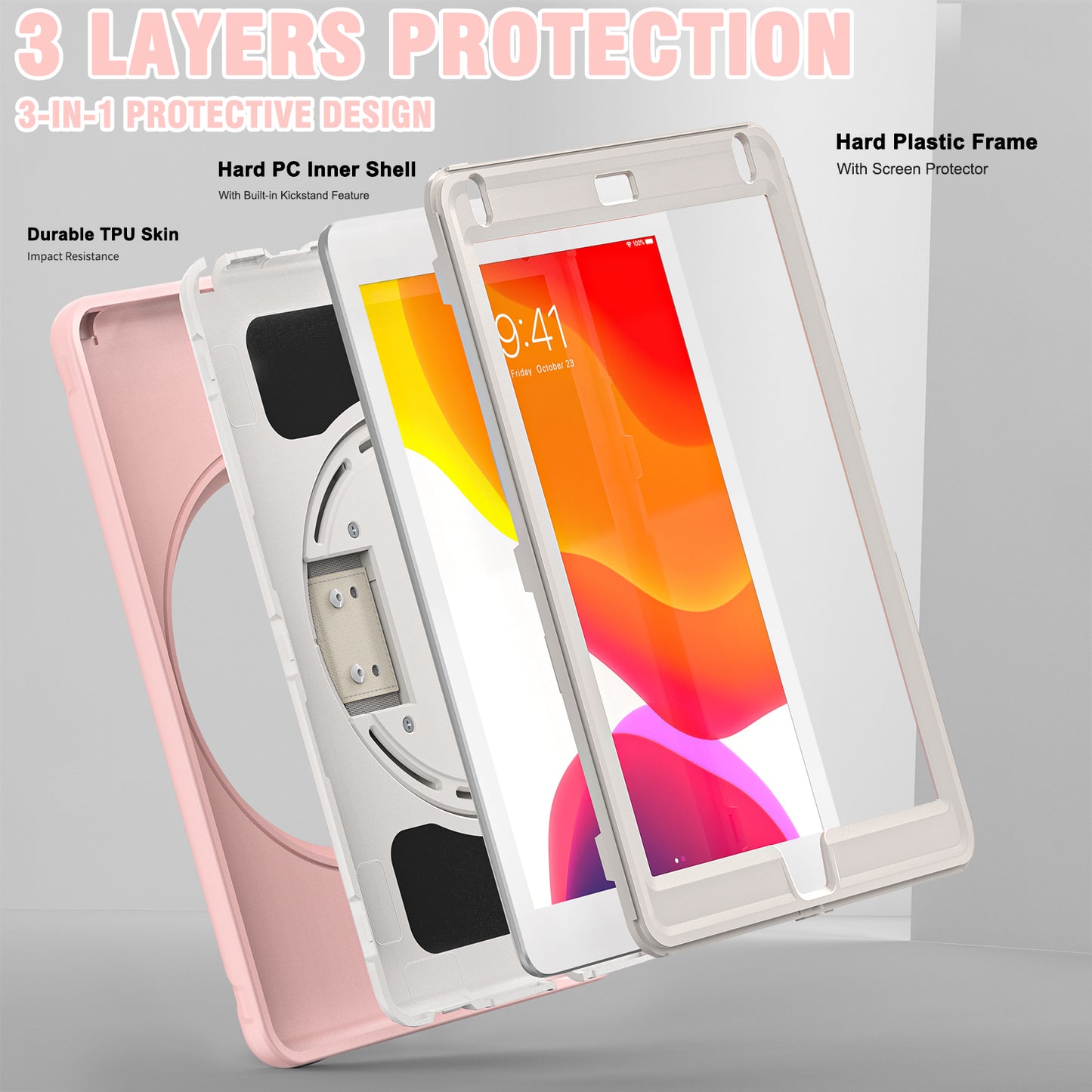 For iPad 9.7-inch (2017)/(2018)/iPad Pro 9.7-inch (2016)/iPad Air (2013)/Air 2 PC + Silicone Case  Rotary Kickstand Tablet Protective Cover with Hand Strap