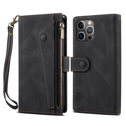 ESEBLE For iPhone 13 Pro 6.1 inch Multifunction Zipper Pocket Wallet Stand Cover Shockproof Phone Case with Wrist Strap