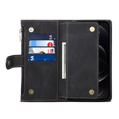 ESEBLE For iPhone 13 Pro 6.1 inch Multifunction Zipper Pocket Wallet Stand Cover Shockproof Phone Case with Wrist Strap