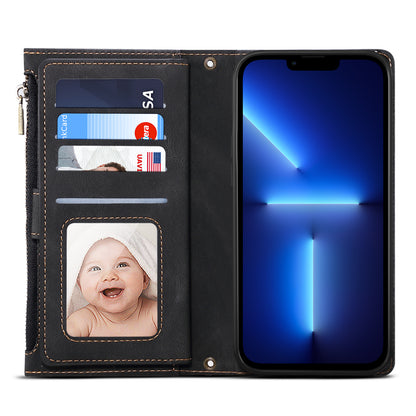 ESEBLE For iPhone 13 Pro 6.1 inch Multifunction Zipper Pocket Wallet Stand Cover Shockproof Phone Case with Wrist Strap