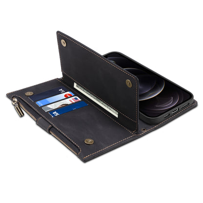 ESEBLE For iPhone 13 Pro 6.1 inch Multifunction Zipper Pocket Wallet Stand Cover Shockproof Phone Case with Wrist Strap