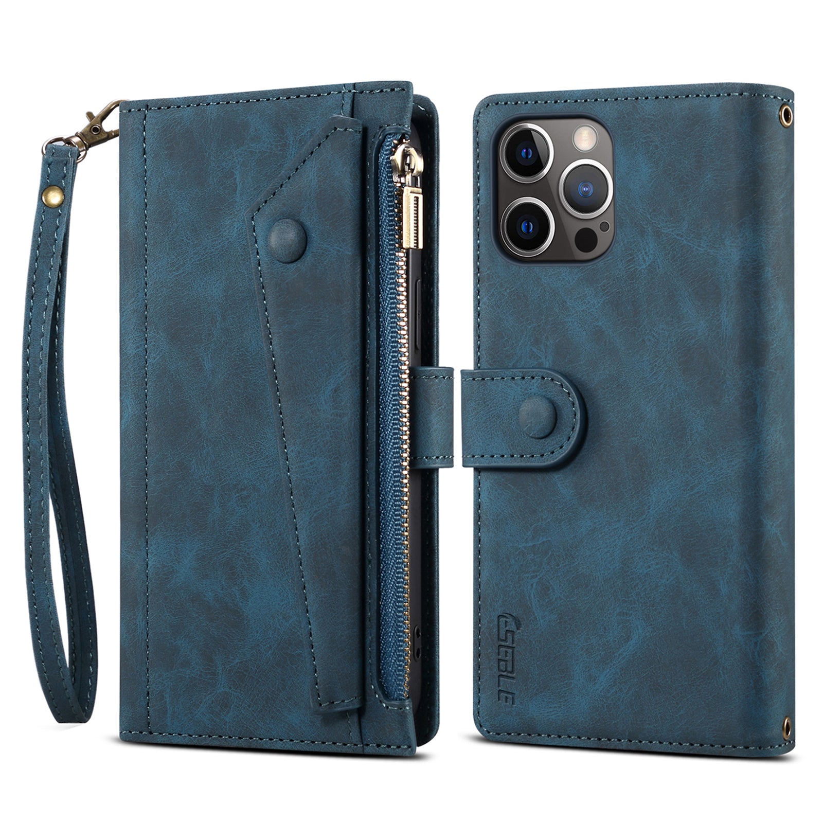 ESEBLE For iPhone 13 Pro 6.1 inch Multifunction Zipper Pocket Wallet Stand Cover Shockproof Phone Case with Wrist Strap