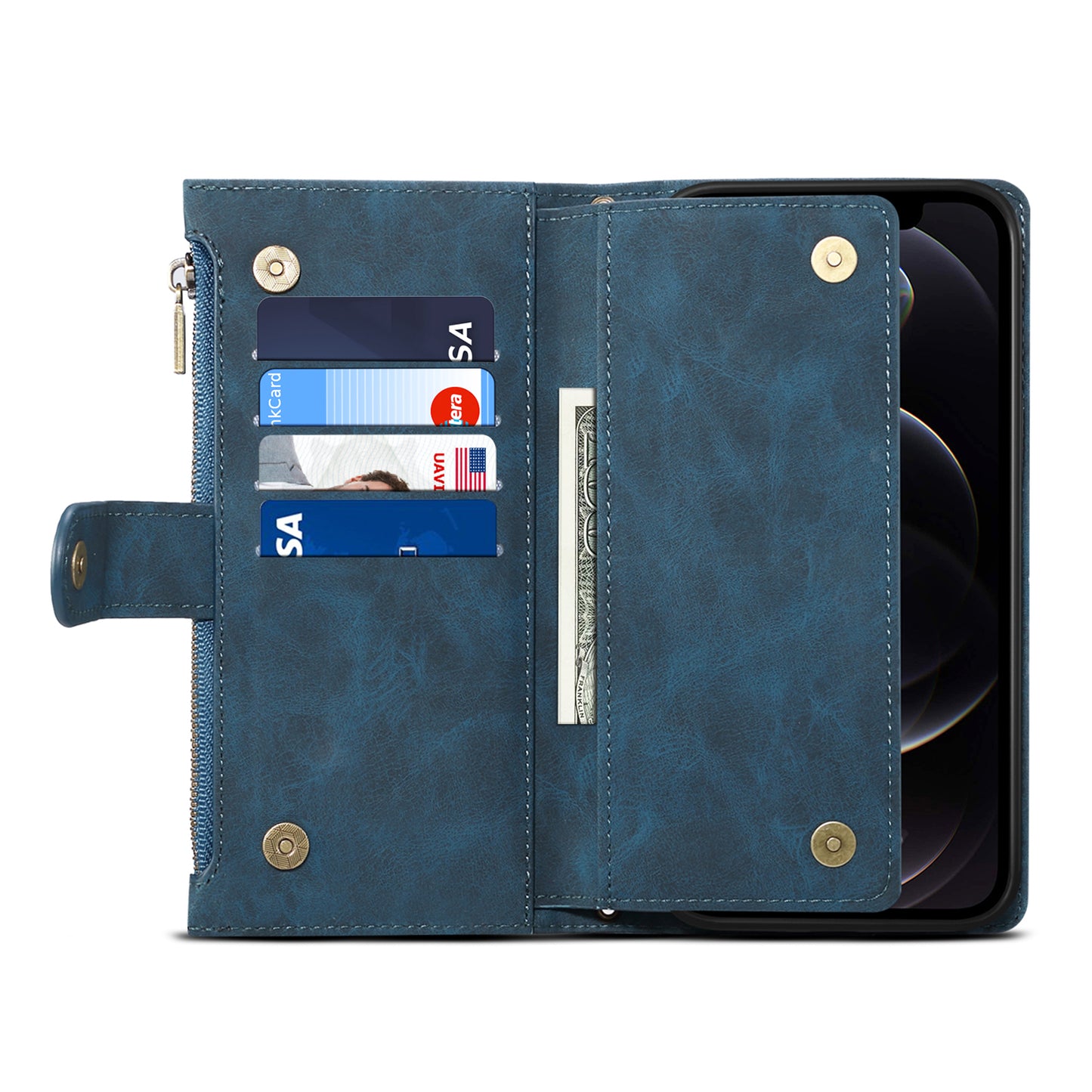 ESEBLE For iPhone 13 Pro 6.1 inch Multifunction Zipper Pocket Wallet Stand Cover Shockproof Phone Case with Wrist Strap