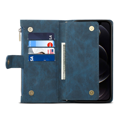 ESEBLE For iPhone 13 Pro 6.1 inch Multifunction Zipper Pocket Wallet Stand Cover Shockproof Phone Case with Wrist Strap