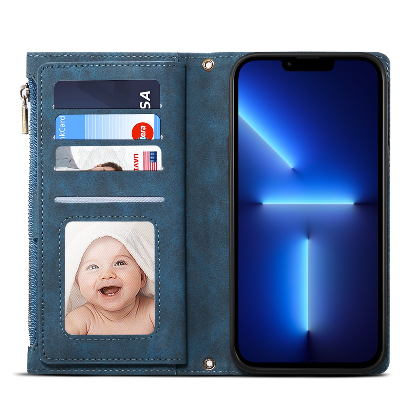 ESEBLE For iPhone 13 Pro 6.1 inch Multifunction Zipper Pocket Wallet Stand Cover Shockproof Phone Case with Wrist Strap