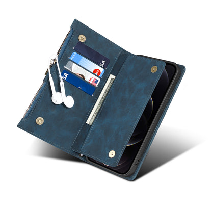 ESEBLE For iPhone 13 Pro 6.1 inch Multifunction Zipper Pocket Wallet Stand Cover Shockproof Phone Case with Wrist Strap