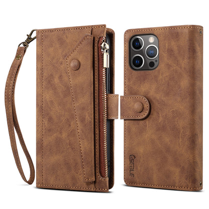 ESEBLE For iPhone 13 Pro 6.1 inch Multifunction Zipper Pocket Wallet Stand Cover Shockproof Phone Case with Wrist Strap