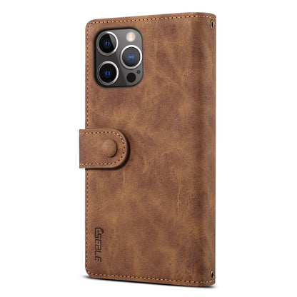 ESEBLE For iPhone 13 Pro 6.1 inch Multifunction Zipper Pocket Wallet Stand Cover Shockproof Phone Case with Wrist Strap