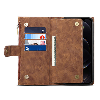 ESEBLE For iPhone 13 Pro 6.1 inch Multifunction Zipper Pocket Wallet Stand Cover Shockproof Phone Case with Wrist Strap