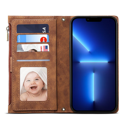 ESEBLE For iPhone 13 Pro 6.1 inch Multifunction Zipper Pocket Wallet Stand Cover Shockproof Phone Case with Wrist Strap