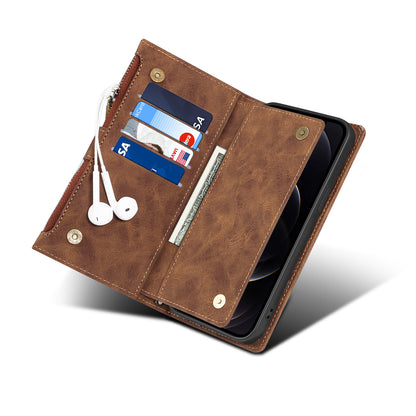 ESEBLE For iPhone 13 Pro 6.1 inch Multifunction Zipper Pocket Wallet Stand Cover Shockproof Phone Case with Wrist Strap
