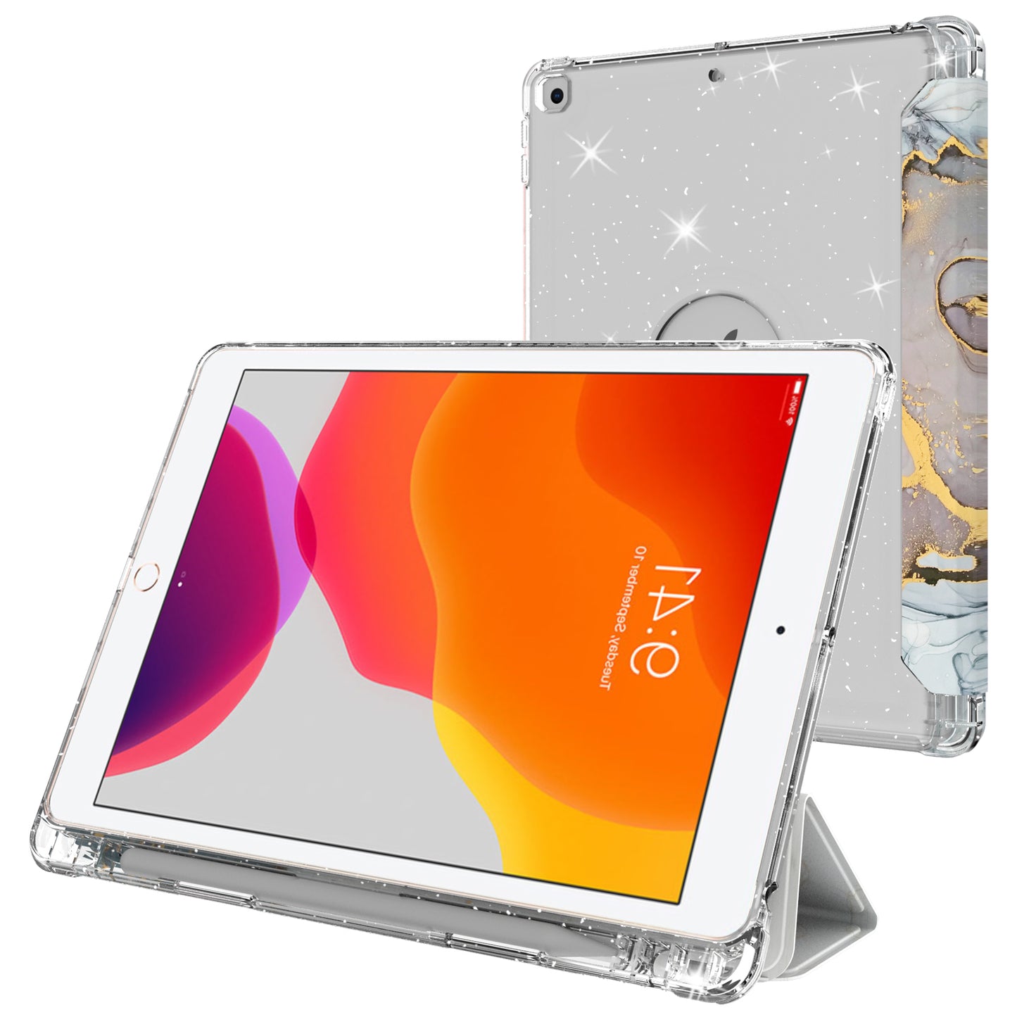 For iPad 10.2 (2021)/(2020)/(2019) Trifold Stand TPU+PU Leather Glittery Sequins Pattern Stylish Tablet Case Cover