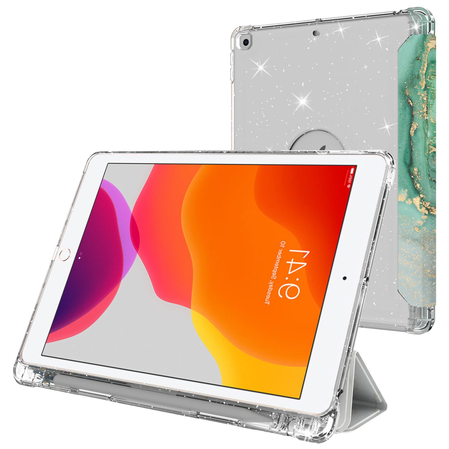 For iPad 10.2 (2021)/(2020)/(2019) Trifold Stand TPU+PU Leather Glittery Sequins Pattern Stylish Tablet Case Cover