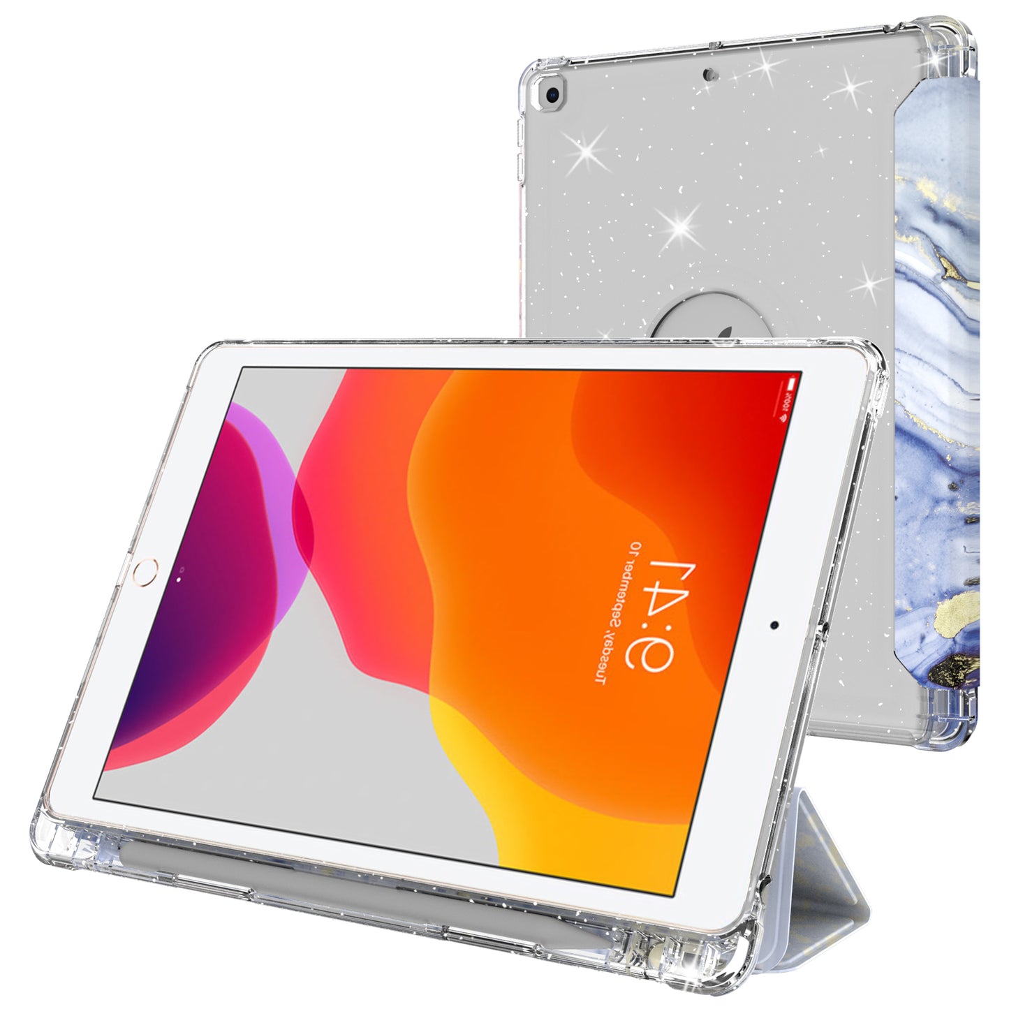 For iPad 10.2 (2021)/(2020)/(2019) Trifold Stand TPU+PU Leather Glittery Sequins Pattern Stylish Tablet Case Cover