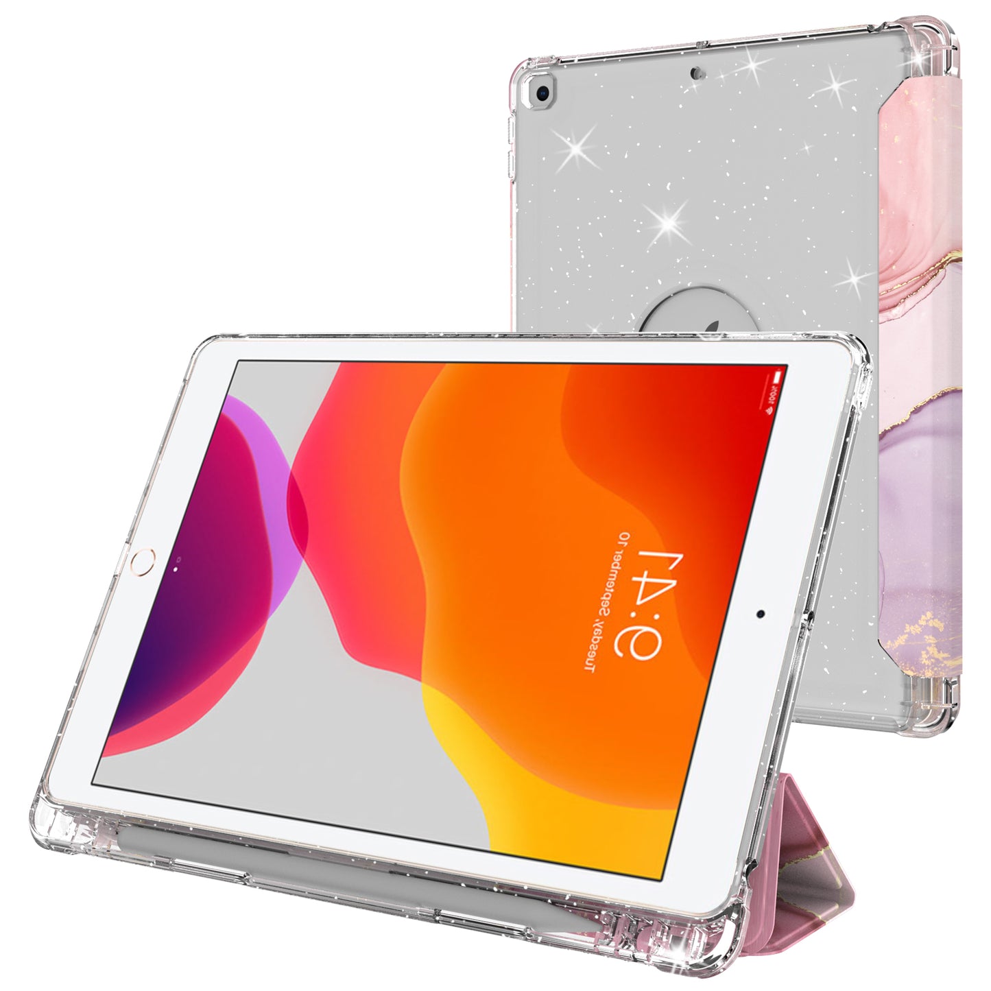 For iPad 10.2 (2021)/(2020)/(2019) Trifold Stand TPU+PU Leather Glittery Sequins Pattern Stylish Tablet Case Cover