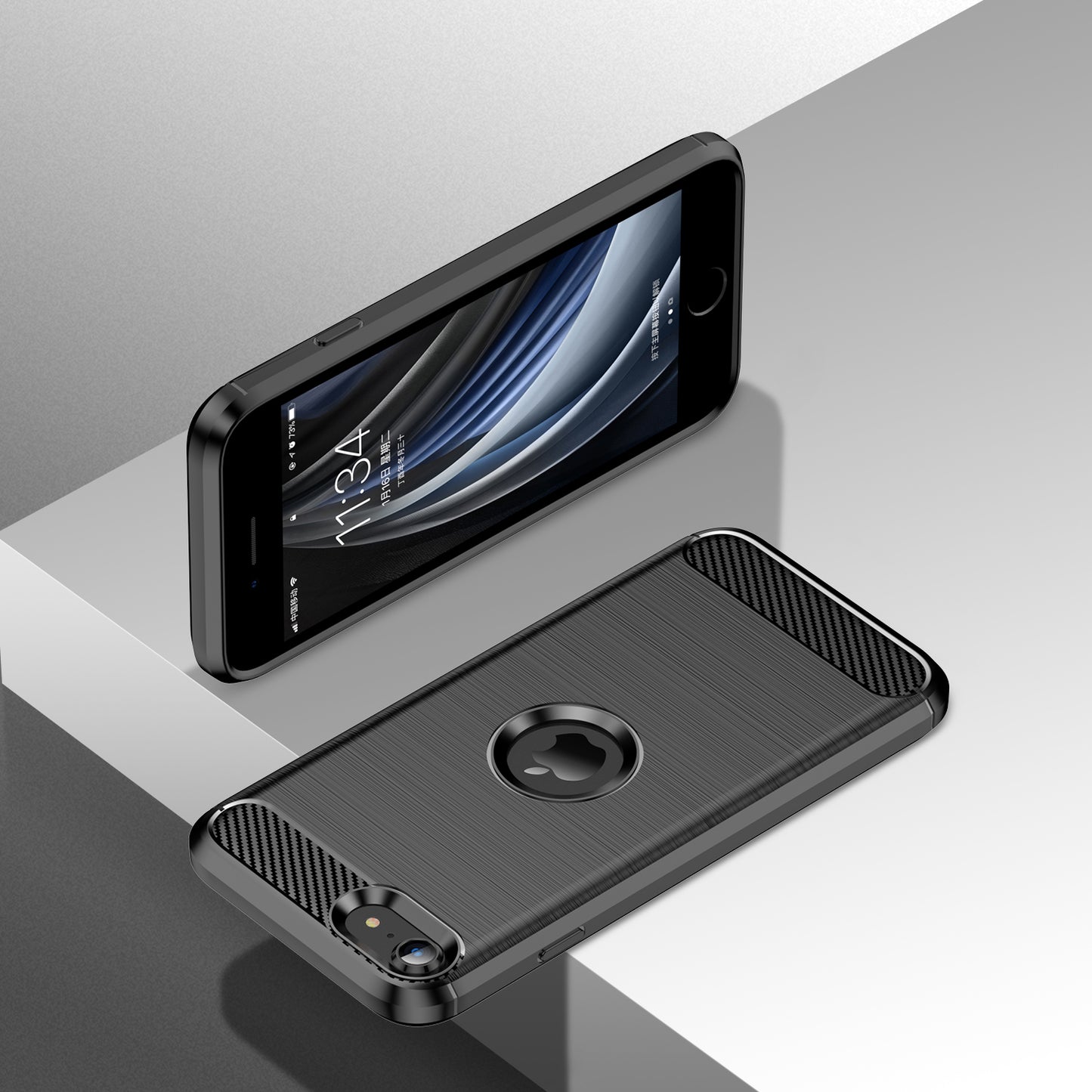 For iPhone SE 2022/SE 2020 Carbon Fiber Texture Brushed Surface 1.8mm TPU Phone Case Shell