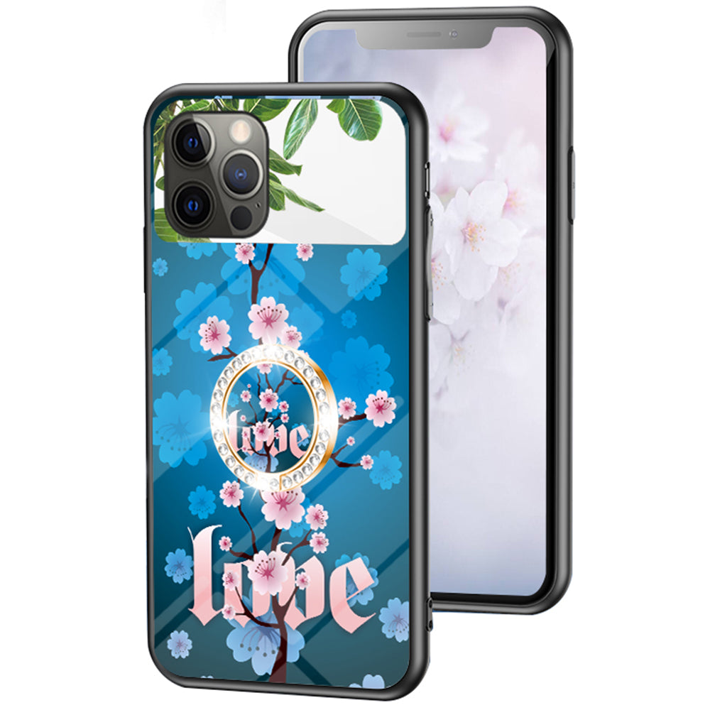 Magic Mirror Series for iPhone 13 Pro 6.1 inch Flower Pattern Phone Case Tempered Glass + PC + TPU Cover with Mirror and Ring Kickstand