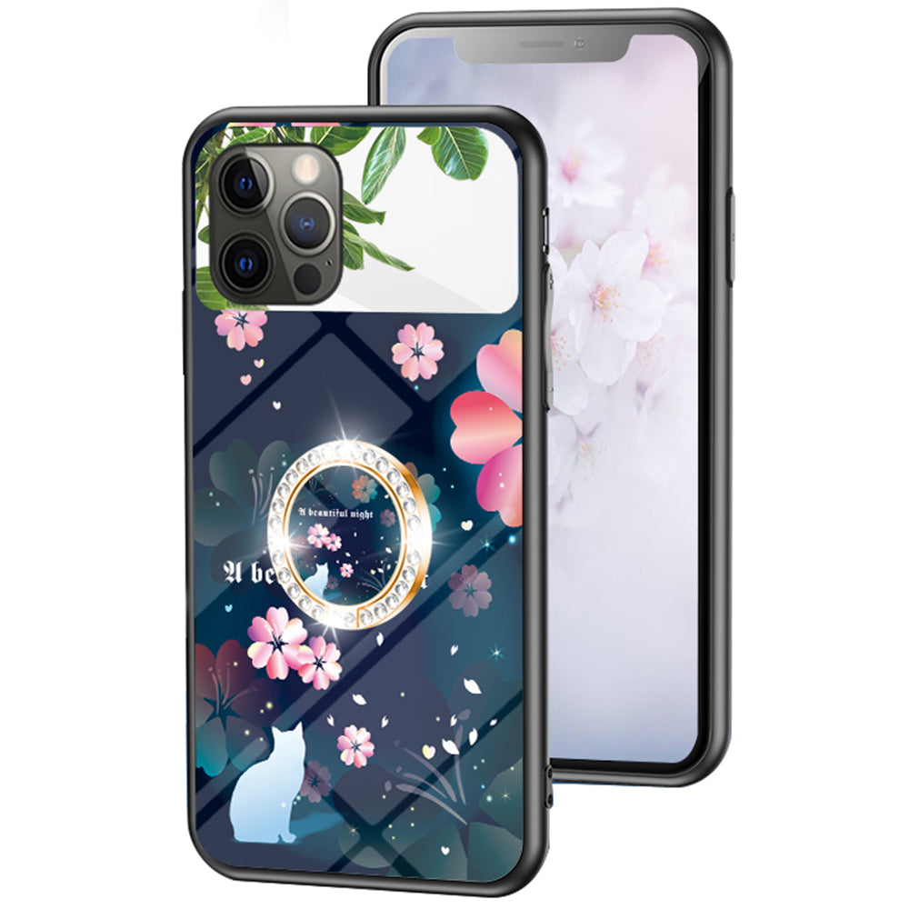 Magic Mirror Series for iPhone 13 Pro 6.1 inch Flower Pattern Phone Case Tempered Glass + PC + TPU Cover with Mirror and Ring Kickstand
