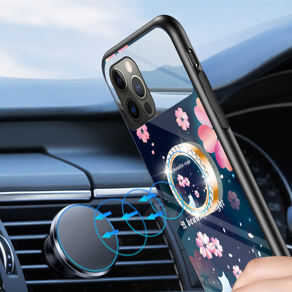 Magic Mirror Series for iPhone 13 Pro 6.1 inch Flower Pattern Phone Case Tempered Glass + PC + TPU Cover with Mirror and Ring Kickstand