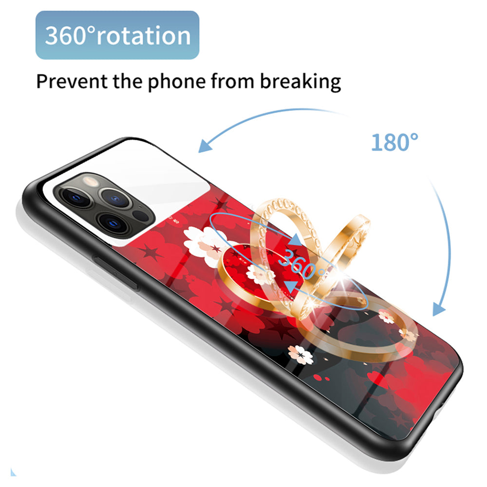 Magic Mirror Series for iPhone 13 Pro 6.1 inch Flower Pattern Phone Case Tempered Glass + PC + TPU Cover with Mirror and Ring Kickstand