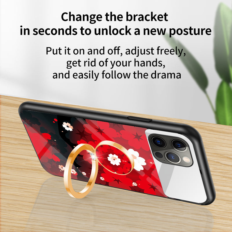 Magic Mirror Series for iPhone 13 Pro 6.1 inch Flower Pattern Phone Case Tempered Glass + PC + TPU Cover with Mirror and Ring Kickstand