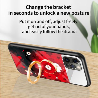 Magic Mirror Series for iPhone 13 Pro 6.1 inch Flower Pattern Phone Case Tempered Glass + PC + TPU Cover with Mirror and Ring Kickstand