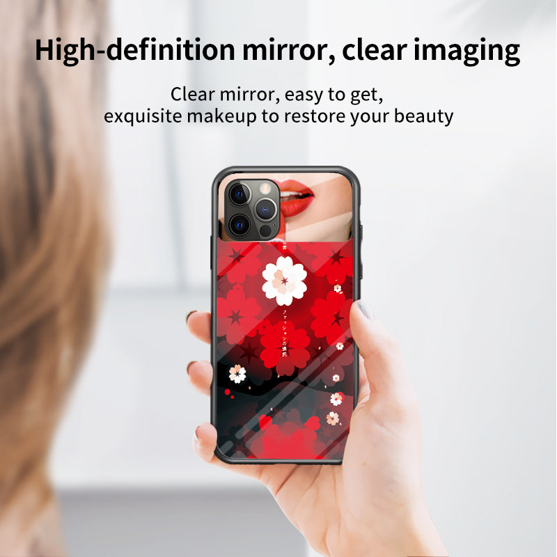 Magic Mirror Series for iPhone 13 Pro 6.1 inch Flower Pattern Phone Case Tempered Glass + PC + TPU Cover with Mirror and Ring Kickstand