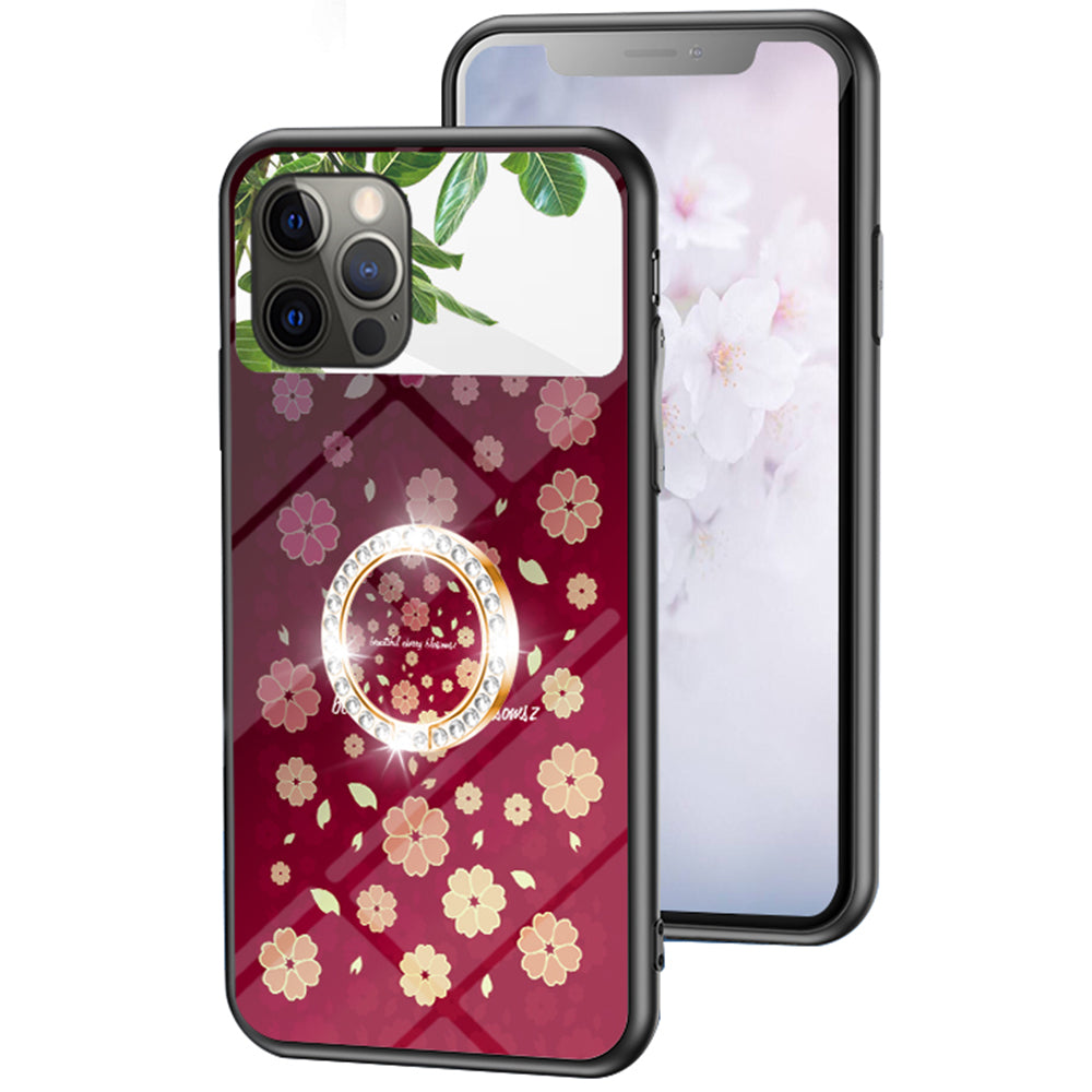 Magic Mirror Series for iPhone 13 Pro 6.1 inch Flower Pattern Phone Case Tempered Glass + PC + TPU Cover with Mirror and Ring Kickstand