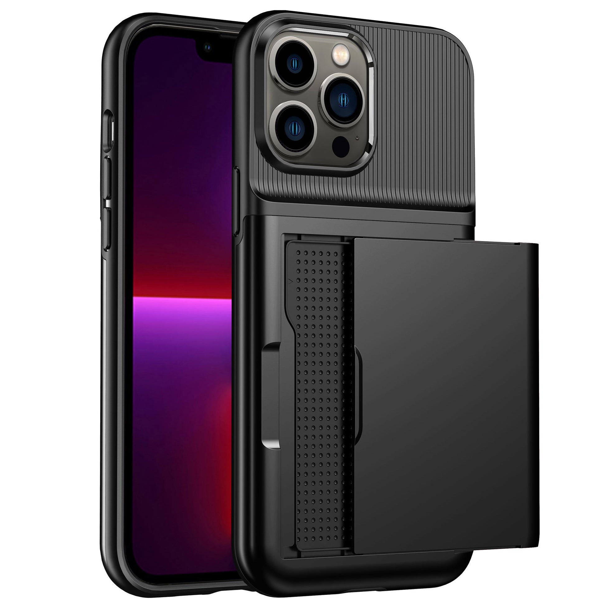 For iPhone 13 Pro 6.1 inch Soft TPU + Hard PC Phone Case Card Holder Back Protector Cover