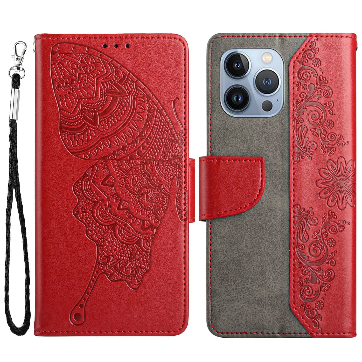 PU Leather Imprinting Butterfly Flower Case for iPhone 13 Pro 6.1 inch, Wallet Cover Foldable Stand Shell