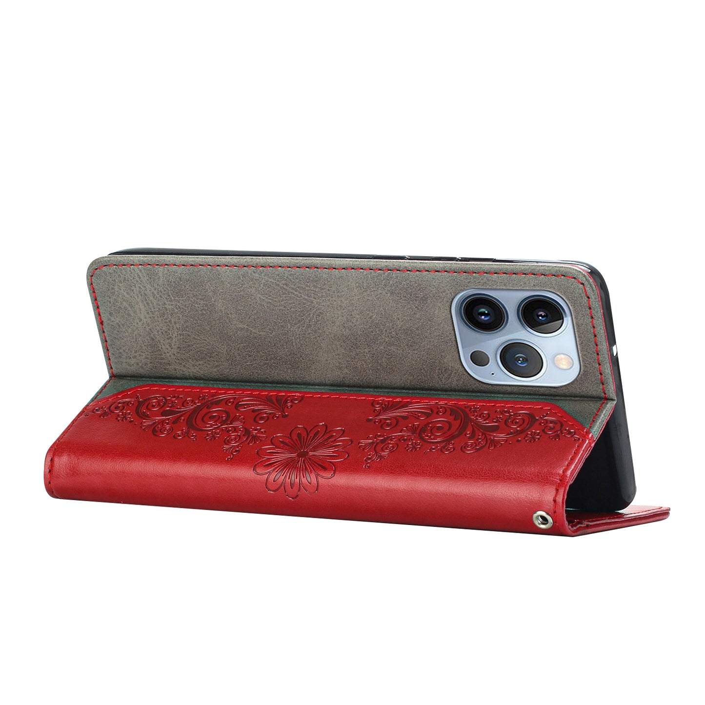 PU Leather Imprinting Butterfly Flower Case for iPhone 13 Pro 6.1 inch, Wallet Cover Foldable Stand Shell