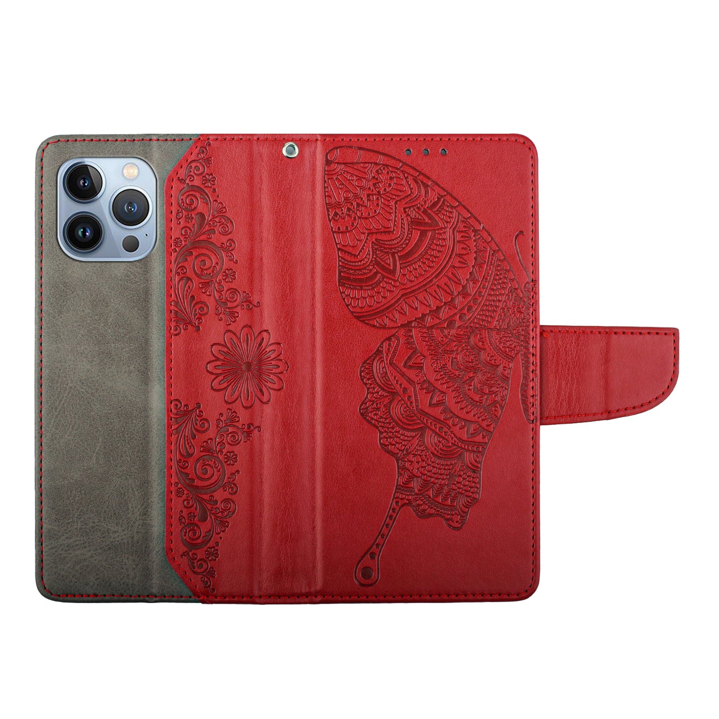 PU Leather Imprinting Butterfly Flower Case for iPhone 13 Pro 6.1 inch, Wallet Cover Foldable Stand Shell