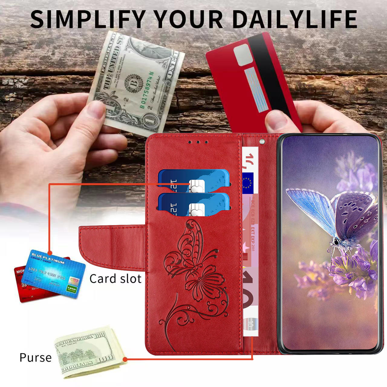 PU Leather Imprinting Butterfly Flower Case for iPhone 13 Pro 6.1 inch, Wallet Cover Foldable Stand Shell