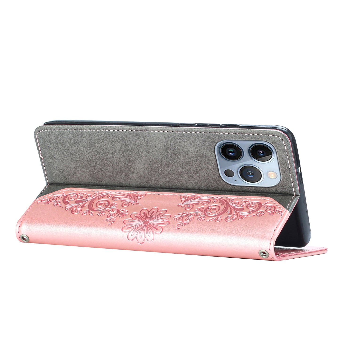 PU Leather Imprinting Butterfly Flower Case for iPhone 13 Pro 6.1 inch, Wallet Cover Foldable Stand Shell