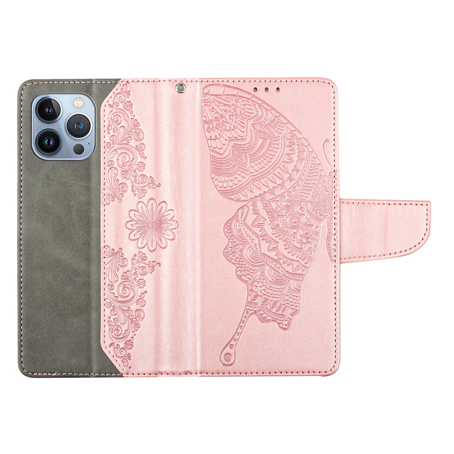 PU Leather Imprinting Butterfly Flower Case for iPhone 13 Pro 6.1 inch, Wallet Cover Foldable Stand Shell
