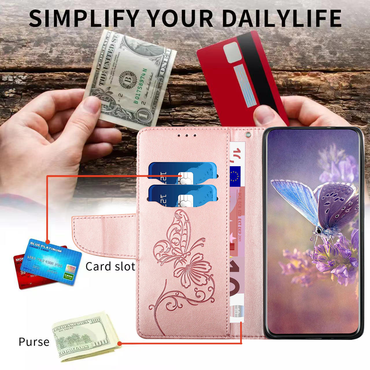 PU Leather Imprinting Butterfly Flower Case for iPhone 13 Pro 6.1 inch, Wallet Cover Foldable Stand Shell
