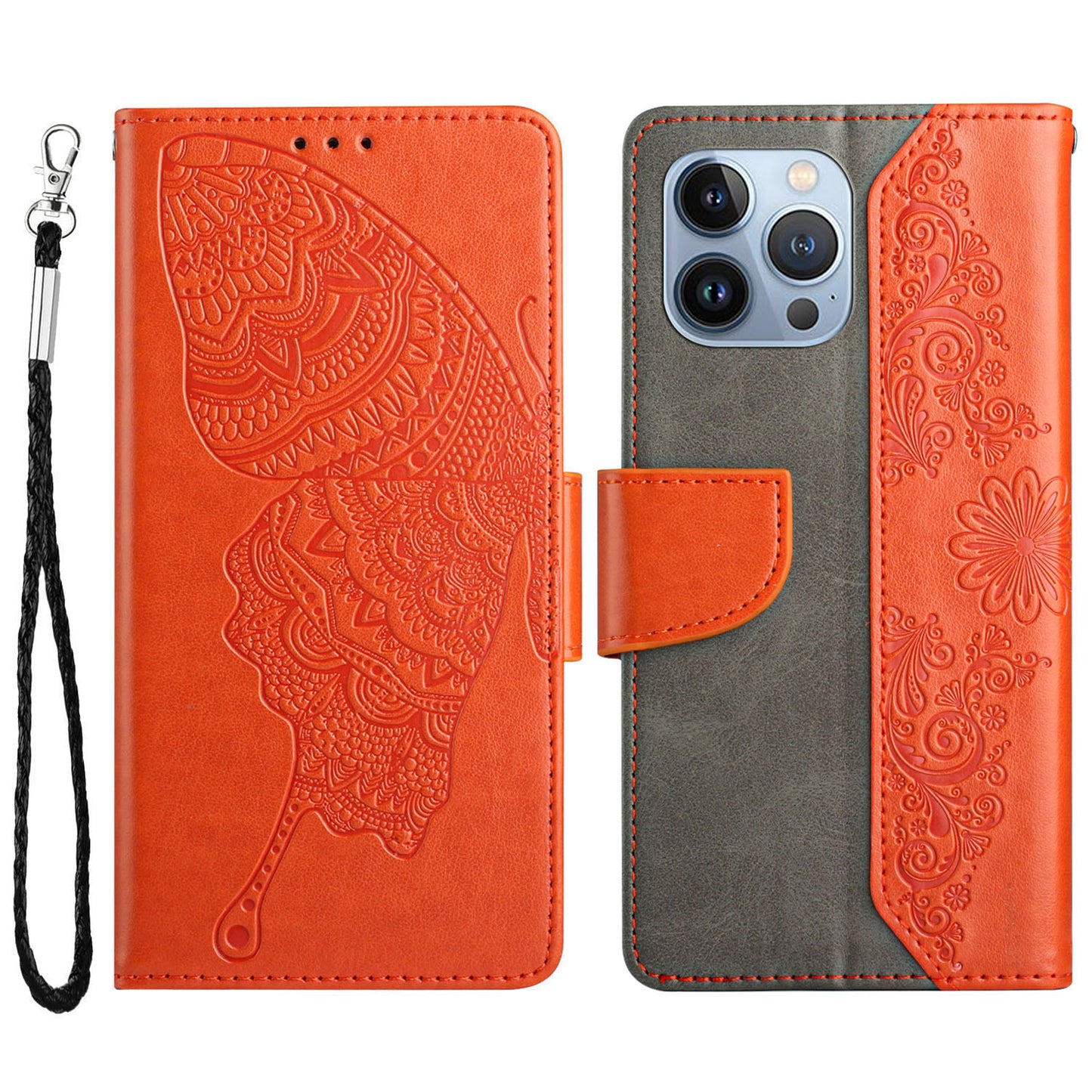 PU Leather Imprinting Butterfly Flower Case for iPhone 13 Pro 6.1 inch, Wallet Cover Foldable Stand Shell