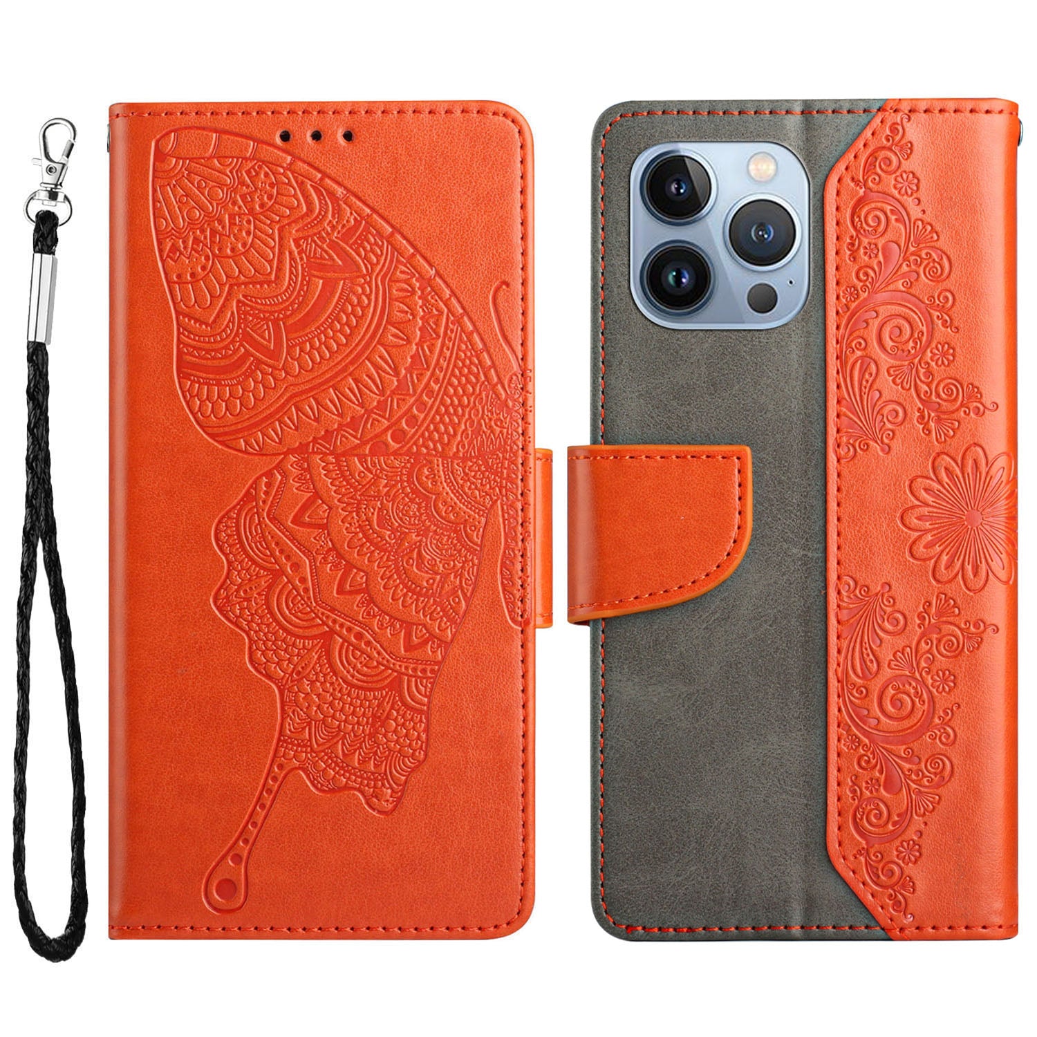 PU Leather Imprinting Butterfly Flower Case for iPhone 13 Pro 6.1 inch, Wallet Cover Foldable Stand Shell