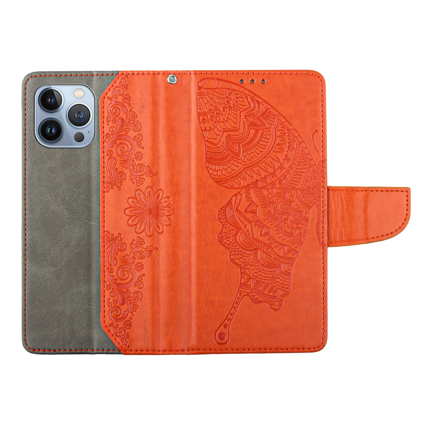 PU Leather Imprinting Butterfly Flower Case for iPhone 13 Pro 6.1 inch, Wallet Cover Foldable Stand Shell