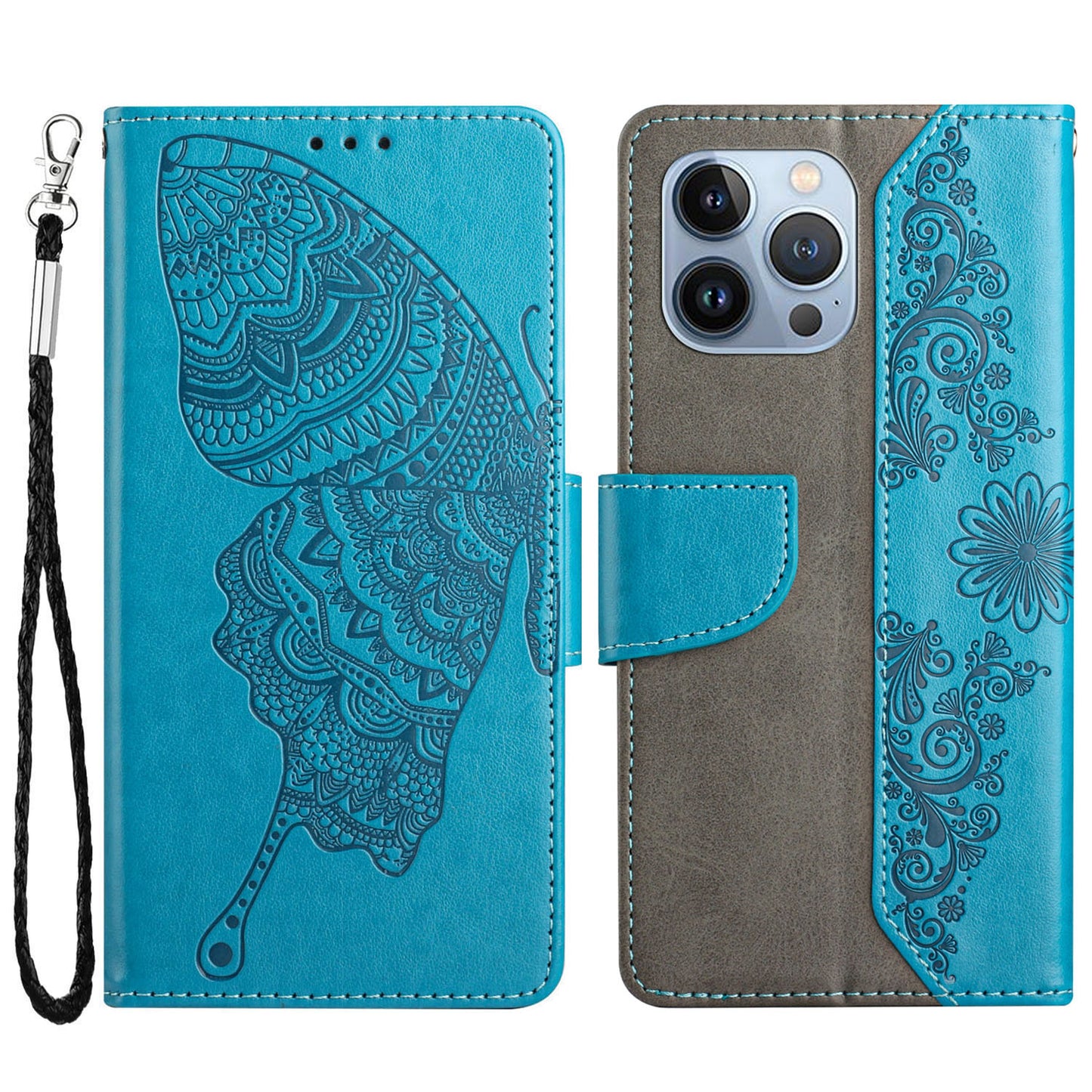 PU Leather Imprinting Butterfly Flower Case for iPhone 13 Pro 6.1 inch, Wallet Cover Foldable Stand Shell