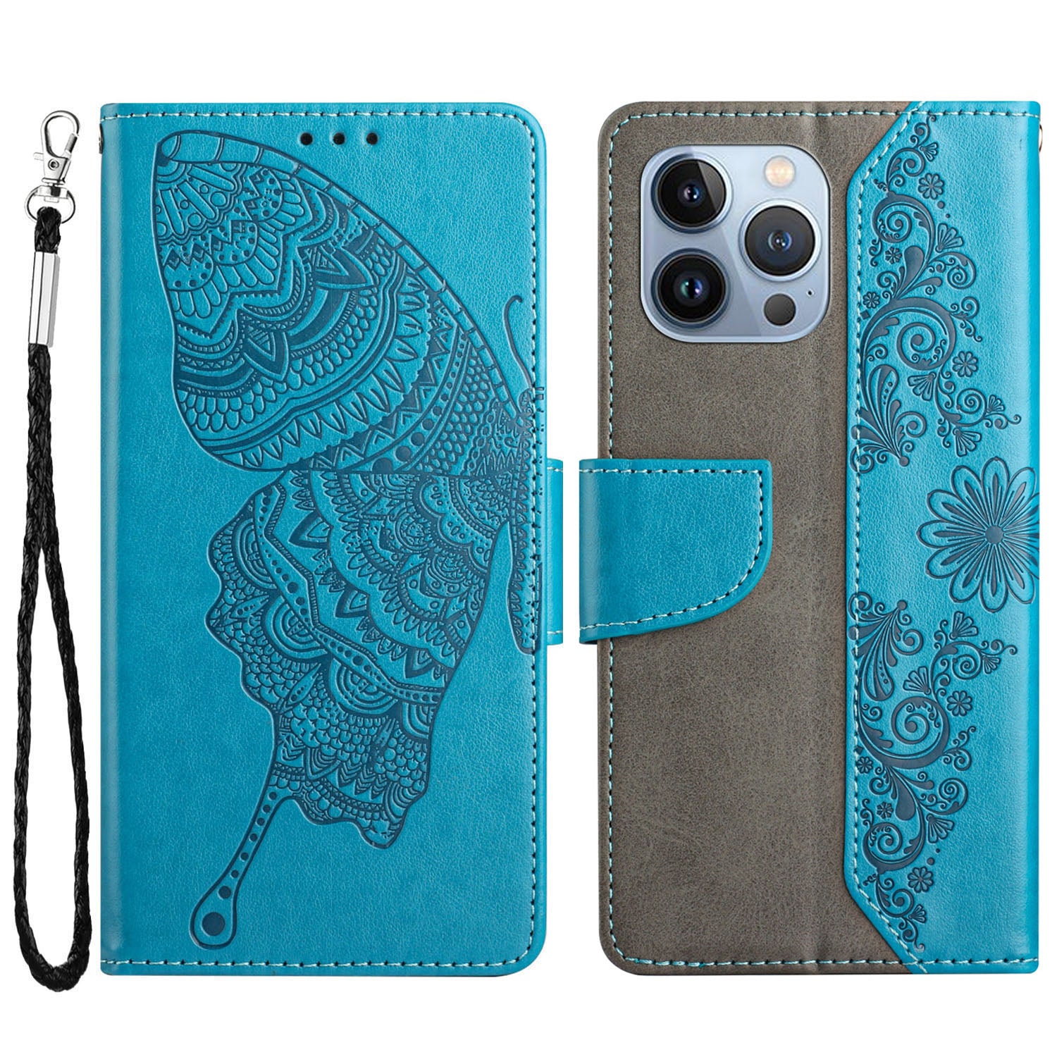 PU Leather Imprinting Butterfly Flower Case for iPhone 13 Pro 6.1 inch, Wallet Cover Foldable Stand Shell