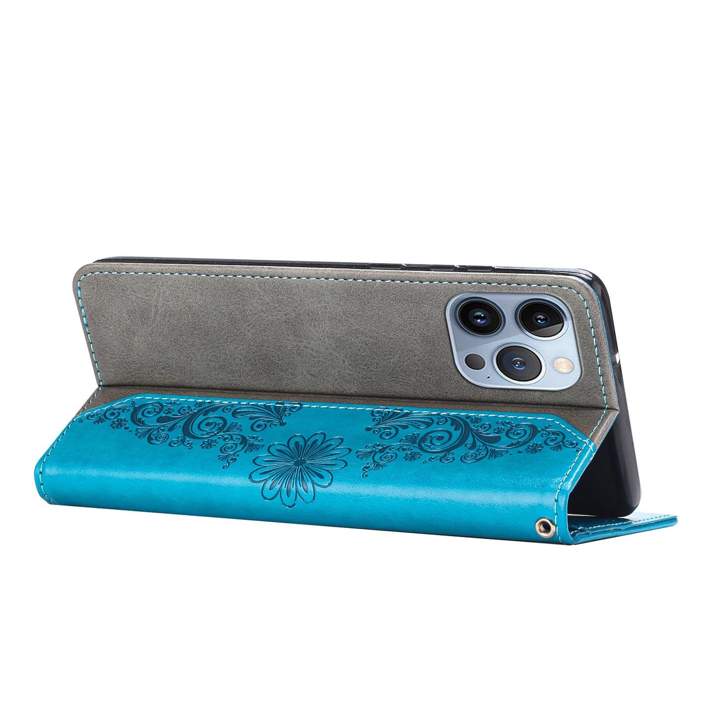 PU Leather Imprinting Butterfly Flower Case for iPhone 13 Pro 6.1 inch, Wallet Cover Foldable Stand Shell