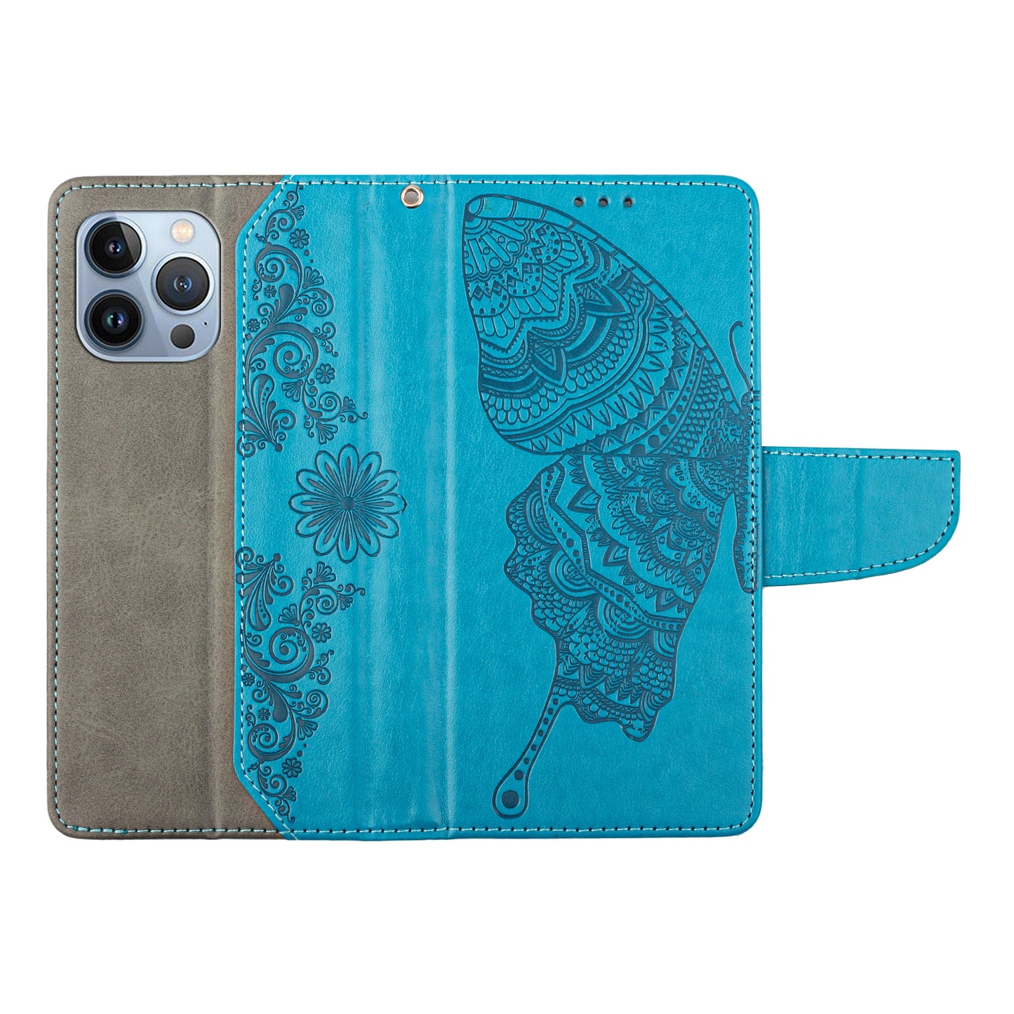 PU Leather Imprinting Butterfly Flower Case for iPhone 13 Pro 6.1 inch, Wallet Cover Foldable Stand Shell