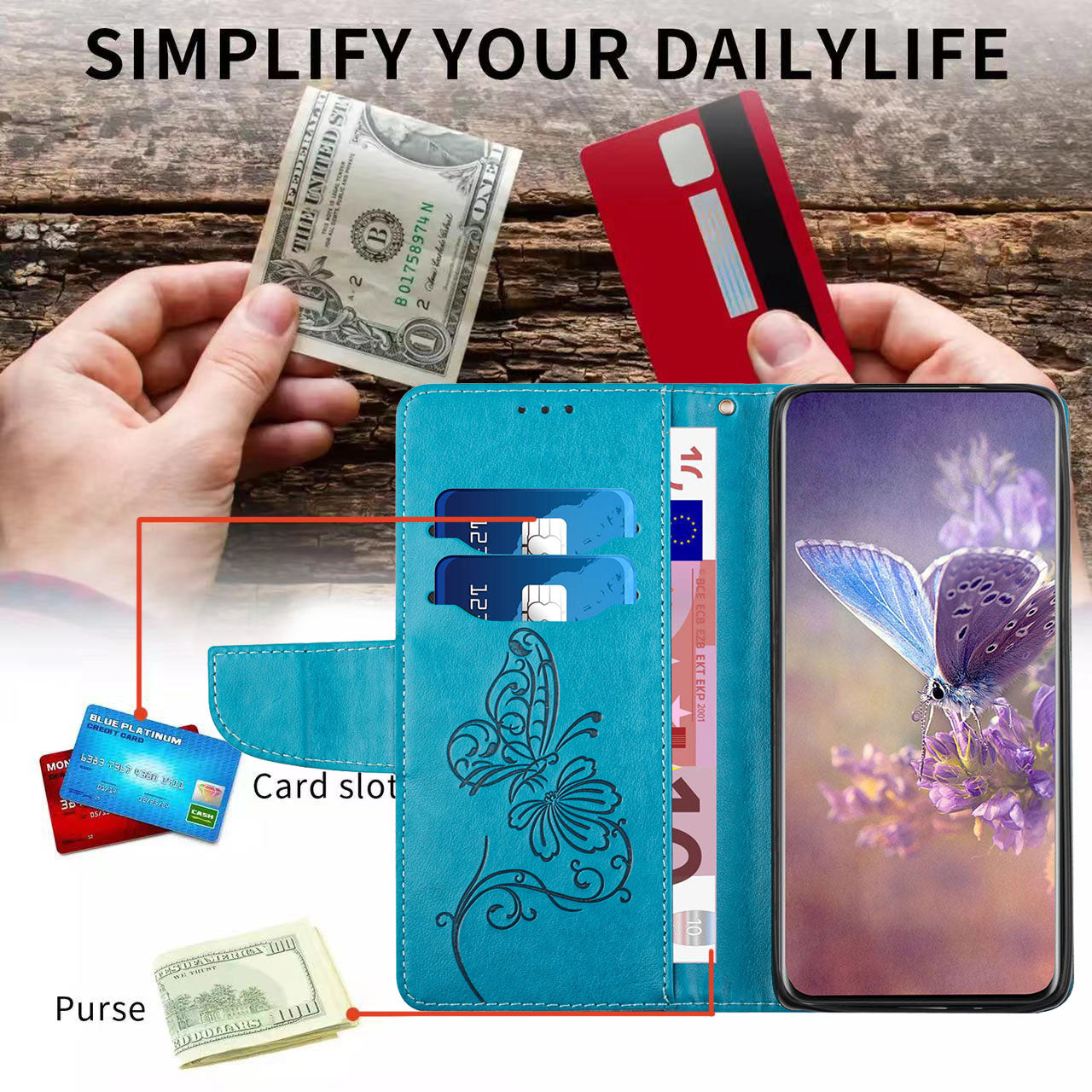 PU Leather Imprinting Butterfly Flower Case for iPhone 13 Pro 6.1 inch, Wallet Cover Foldable Stand Shell