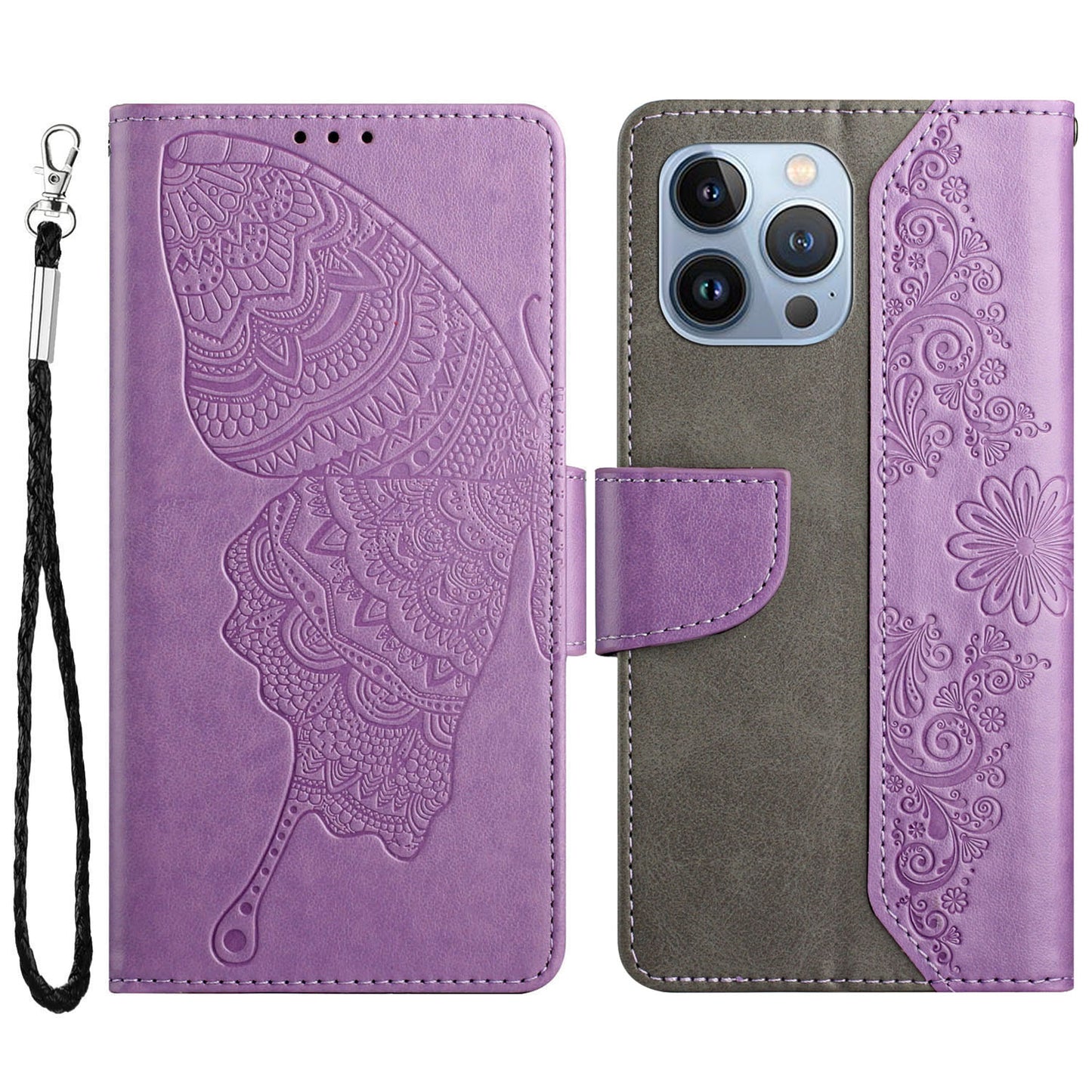 PU Leather Imprinting Butterfly Flower Case for iPhone 13 Pro 6.1 inch, Wallet Cover Foldable Stand Shell