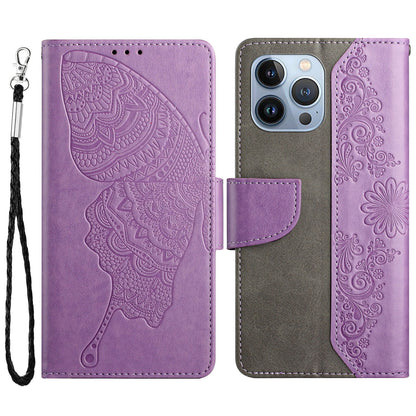 PU Leather Imprinting Butterfly Flower Case for iPhone 13 Pro 6.1 inch, Wallet Cover Foldable Stand Shell