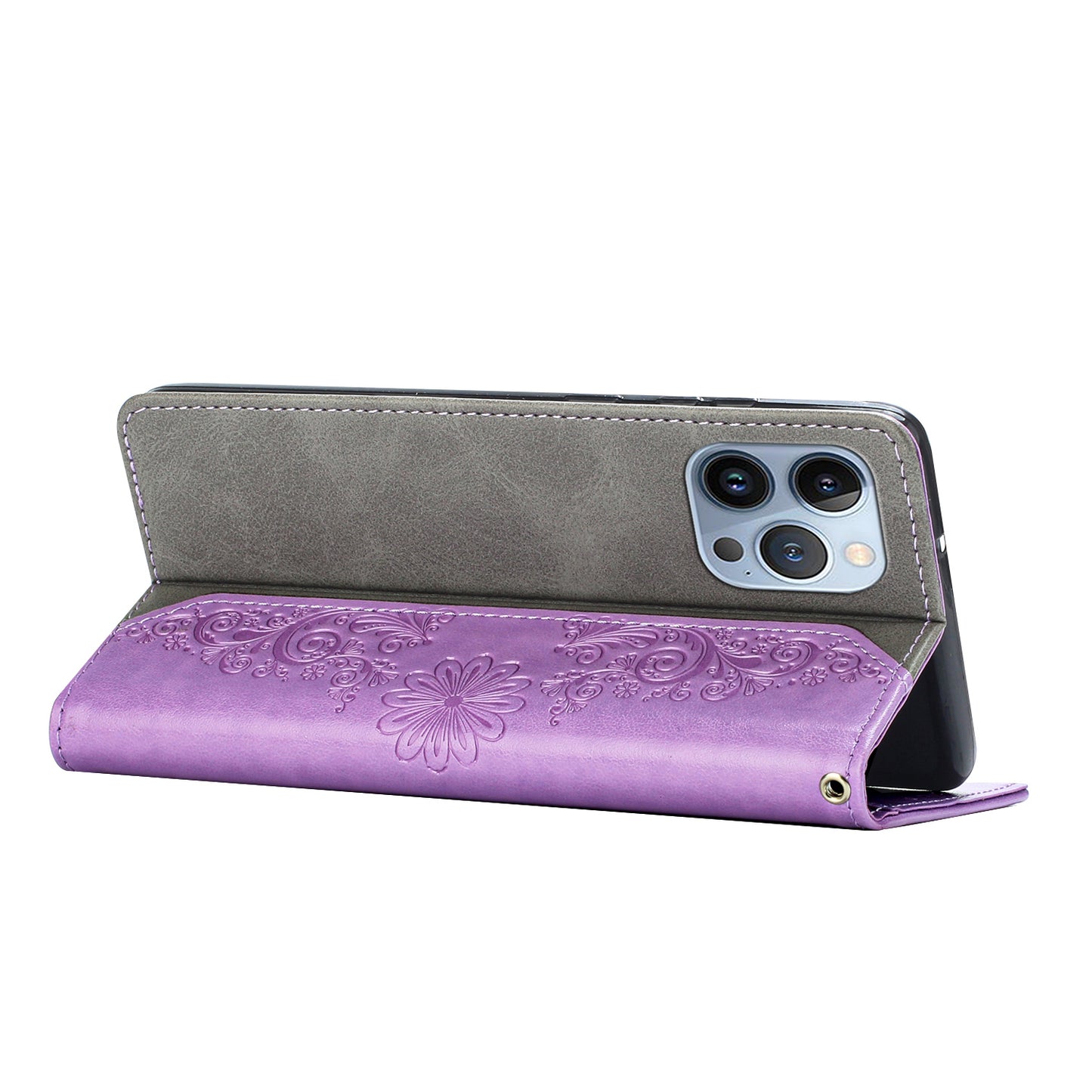 PU Leather Imprinting Butterfly Flower Case for iPhone 13 Pro 6.1 inch, Wallet Cover Foldable Stand Shell
